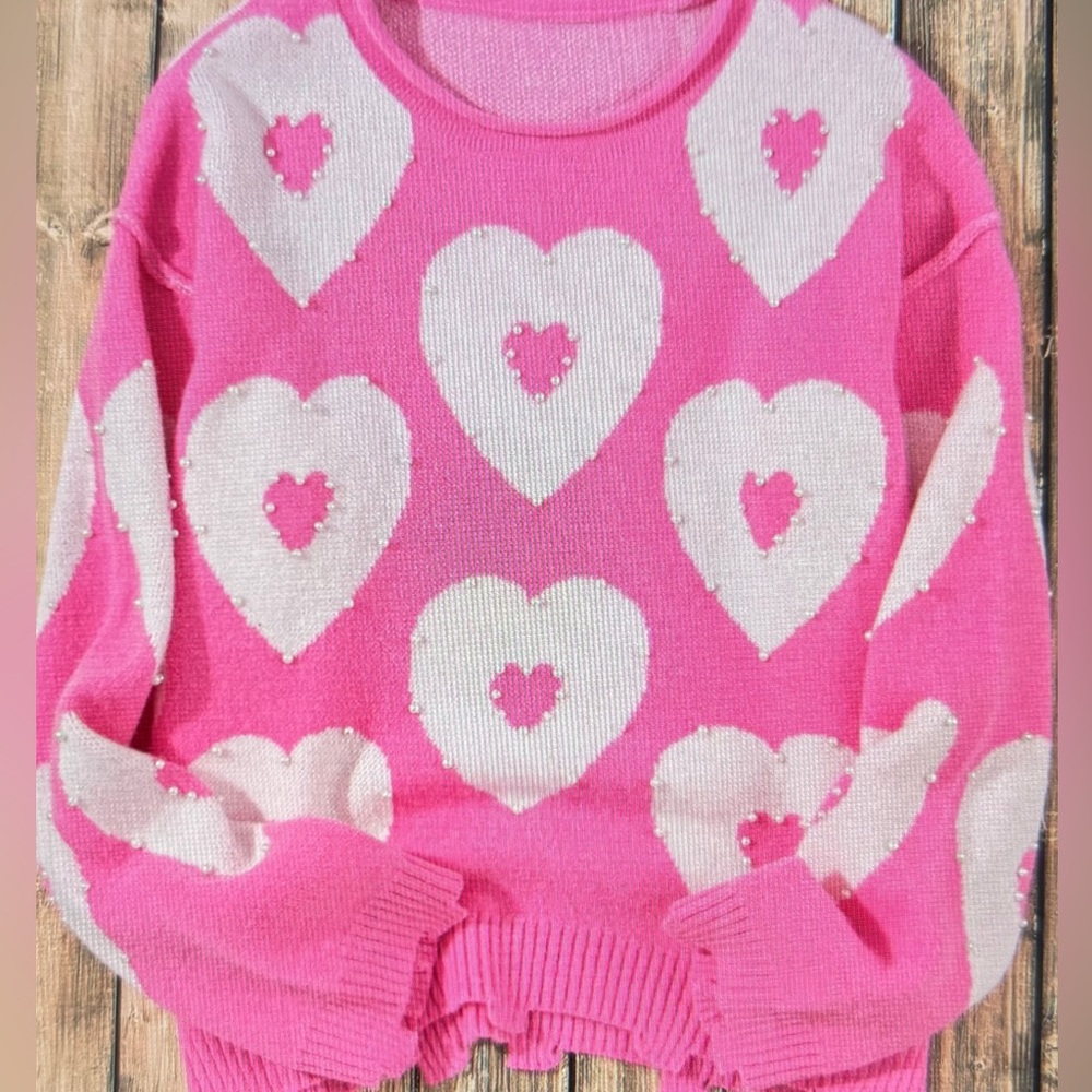 NWT Pink Pearl beaded Heart Sweater Oversized